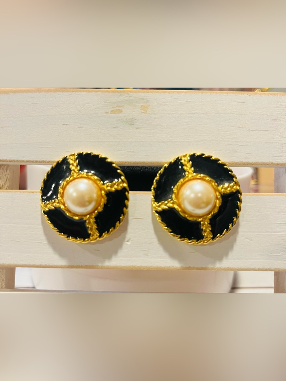 Clip Earrings Classic Black & Gold Pearl Button Earrings -